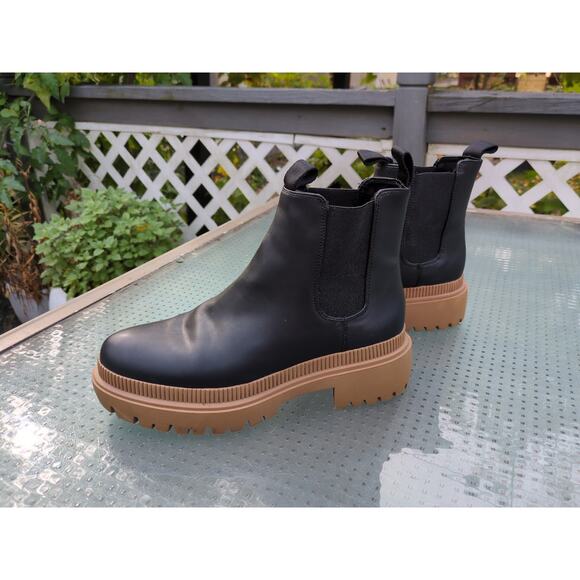 H&M Black Chunky Chelsea Boots Sz 8 Leather Tan Platform Lug Sole Ankle Boot - Picture 6 of 8